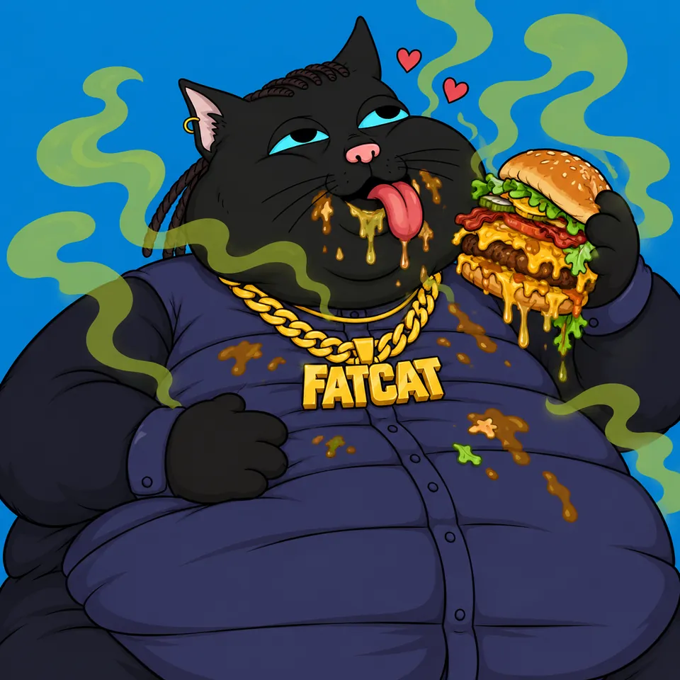 FATCAT, a big black cat in a navy shirt and a gold chain, licking cheese off his face while holding a dripping cheeseburger