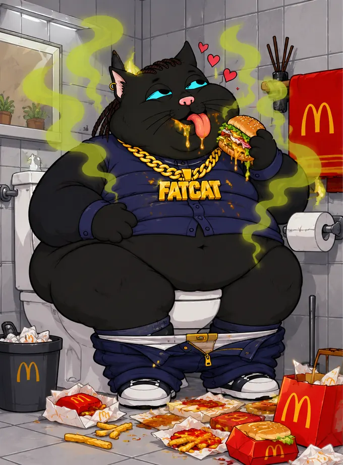 FATCAT on the toilet with his pants down, surrounded by fast-food bags and wrappers, still eating a burger