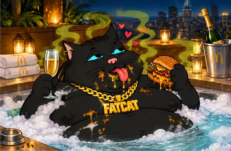 FATCAT soaking in a rooftop hot tub at night with champagne in one paw and a burger in the other