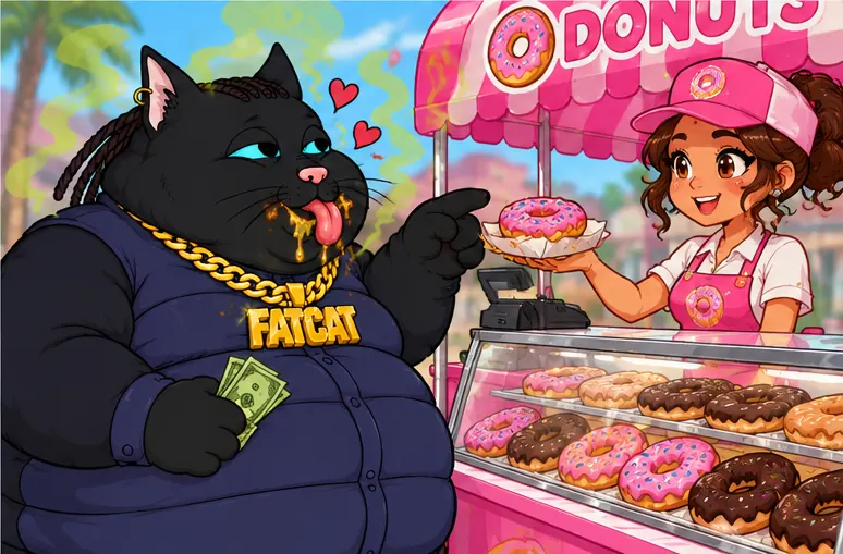 FATCAT pointing at a donut while a smiling donut-stand worker hands it over, cash in his other paw